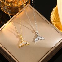 Wholesale Casual Commute Heart Shape Mermaid Bow Knot Titanium Steel Hollow Out Inlay 18K Gold Plated Zircon Pendant Necklace main image 9
