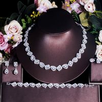 Copper Silver Plated Elegant Bridal Shiny Inlay Square Water Droplets Artificial Gemstones Jewelry Set main image 3