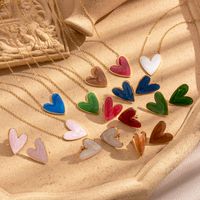 Stainless Steel 18K Gold Plated Vintage Style French Style Simple Style Heart Shape Enamel Earrings Necklace main image 1