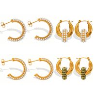 1 Pair Vintage Style C Shape Circle Inlay Titanium Steel Zircon 18K Gold Plated Earrings Ear Studs main image 8