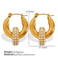 1 Pair Vintage Style C Shape Circle Inlay Titanium Steel Zircon 18K Gold Plated Earrings Ear Studs main image 5