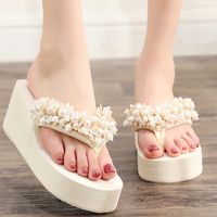 Women's Casual Solid Color Pearls T-Strap Flip Flops main image 1