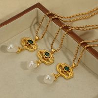 Freshwater Pearl Titanium Steel Copper 18K Gold Plated Retro Artistic Snake Hollow Out Inlay Glass Glass Bead Pendant Necklace main image 6