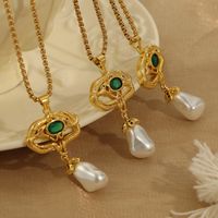 Freshwater Pearl Titanium Steel Copper 18K Gold Plated Retro Artistic Snake Hollow Out Inlay Glass Glass Bead Pendant Necklace main image 3