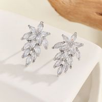 1 Pair Casual Elegant Leaves Inlay Copper Zircon Silver Plated Ear Studs main image 4