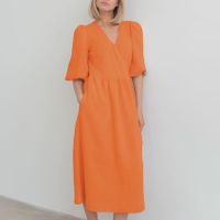 Frau Normales Kleid Einfacher Stil V-Ausschnitt Reißverschluss Kurzarm Einfarbig Midi-Kleid Ferien main image 1