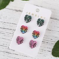 3 Pairs Retro Monstera Deliciosa [with Envelope And Opp Bag]] Wood Ear Studs main image 4
