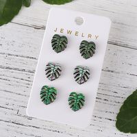 3 Pairs Retro Monstera Deliciosa [with Envelope And Opp Bag]] Wood Ear Studs main image 5