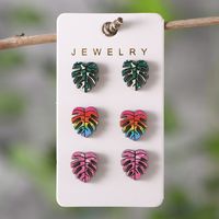 3 Pairs Retro Monstera Deliciosa [with Envelope And Opp Bag]] Wood Ear Studs sku image 1