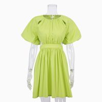 Women's Sheath Dress Simple Style Round Neck Hollow Out Short Sleeve Solid Color Above Knee Holiday main image 2