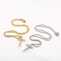 Stainless Steel 18K Gold Plated Business Simple Style Plating Inlay Cross Rhinestones Pendant Necklace main image 5