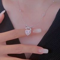Sterling Silver Elegant Lady Sweet Inlay Heart Shape Bow Knot Zircon Pendant Necklace main image 1