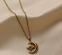 Stainless Steel 18K Gold Plated Retro Four Leaf Clover Sun Moon Inlay Natural Stone Zircon Pendant Necklace sku image 2