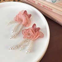 1 Pair Elegant Flower Imitation Pearl Cloth Resin Drop Earrings main image 4
