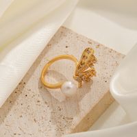 Wholesale Elegant Leaves Pearl Butterfly Freshwater Pearl Copper Zircon Inlay 14K Gold Plated 18K Gold Plated Freshwater Pearl Zircon Open Rings main image 6