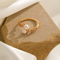 Großhandel Elegant Blätter Perle Schmetterling Süßwasserperle Kupfer Zirkon Inlay 14 Karat Vergoldet 18 Karat Vergoldet Süßwasserperle Zirkon Offener Ring main image 3