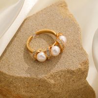 Wholesale Elegant Leaves Pearl Butterfly Freshwater Pearl Copper Zircon Inlay 14K Gold Plated 18K Gold Plated Freshwater Pearl Zircon Open Rings main image 7