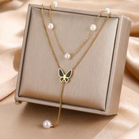 Titanium Steel IG Style Butterfly Plating Inlay Artificial Pearls Double Layer Necklaces sku image 1