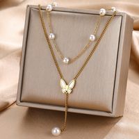 Titanium Steel IG Style Butterfly Plating Inlay Artificial Pearls Double Layer Necklaces main image 5
