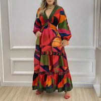 Women's Swing Dress Simple Style V Neck Printing Long Sleeve Color Block Maxi Long Dress Holiday main image 1