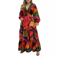 Women's Swing Dress Simple Style V Neck Printing Long Sleeve Color Block Maxi Long Dress Holiday main image 4