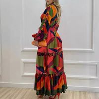 Women's Swing Dress Simple Style V Neck Printing Long Sleeve Color Block Maxi Long Dress Holiday main image 2