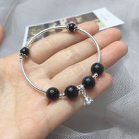 Sterling Silver Simple Style Flower Inlay Obsidian Bangle main image 1