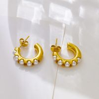 1 Pair Retro Baroque Style Vacation C Shape Inlay Titanium Steel Pearl 18K Gold Plated Ear Studs main image 5