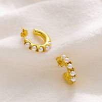 1 Pair Retro Baroque Style Vacation C Shape Inlay Titanium Steel Pearl 18K Gold Plated Ear Studs main image 3