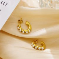 1 Pair Retro Baroque Style Vacation C Shape Inlay Titanium Steel Pearl 18K Gold Plated Ear Studs main image 4