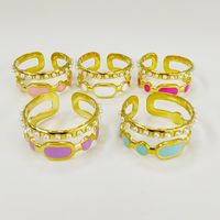 304 Stainless Steel Titanium Steel 14K Gold Plated Casual Simple Style Enamel Oval Artificial Pearls Open Rings main image 1