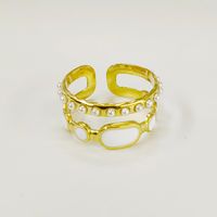 304 Stainless Steel Titanium Steel 14K Gold Plated Casual Simple Style Enamel Oval Artificial Pearls Open Rings main image 4