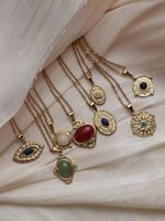 Stainless Steel 18K Gold Plated Vintage Style French Style Inlay Round Oval Eye Natural Stone Pendant Necklace main image 1