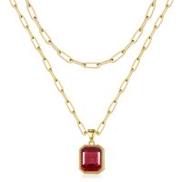 Copper 14K Gold Plated IG Style Simple Style Square Inlay Glass Birthstone Double Layer Necklaces main image 3
