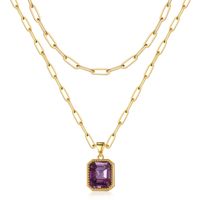 Copper 14K Gold Plated IG Style Simple Style Square Inlay Glass Birthstone Double Layer Necklaces sku image 2