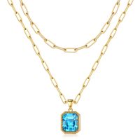 Copper 14K Gold Plated IG Style Simple Style Square Inlay Glass Birthstone Double Layer Necklaces sku image 3
