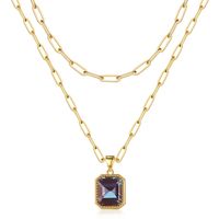 Copper 14K Gold Plated IG Style Simple Style Square Inlay Glass Birthstone Double Layer Necklaces sku image 6