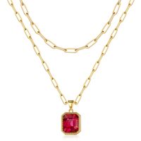 Copper 14K Gold Plated IG Style Simple Style Square Inlay Glass Birthstone Double Layer Necklaces sku image 7