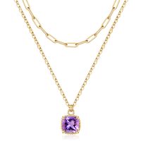 Copper 14K Gold Plated IG Style Simple Style Square Inlay Glass Birthstone Double Layer Necklaces sku image 1