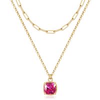 Copper 14K Gold Plated IG Style Simple Style Square Inlay Glass Birthstone Double Layer Necklaces sku image 6