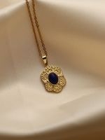 Stainless Steel 18K Gold Plated Retro Four Leaf Clover Sun Moon Inlay Natural Stone Zircon Pendant Necklace main image 6