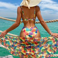 Mujeres Elegante Señora Impresión Bloque De Color Juego De 3 Piezas Bikinis Traje De Baño main image 3