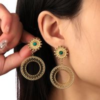 1 Pair Retro Round Inlay Titanium Steel Natural Stone 18K Gold Plated Drop Earrings main image 2