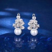 1 Pair Elegant Luxurious Flower Inlay Sterling Silver Artificial Pearls Zircon White Gold Plated Drop Earrings main image 1