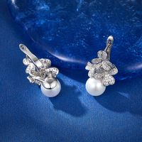 1 Pair Elegant Luxurious Flower Inlay Sterling Silver Artificial Pearls Zircon White Gold Plated Drop Earrings main image 4