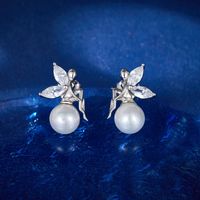 1 Pair Elegant Butterfly Inlay Sterling Silver Artificial Pearls Zircon White Gold Plated Ear Studs main image 1