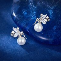 1 Pair Elegant Butterfly Inlay Sterling Silver Artificial Pearls Zircon White Gold Plated Ear Studs main image 4