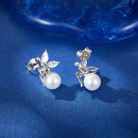 1 Pair Elegant Butterfly Inlay Sterling Silver Artificial Pearls Zircon White Gold Plated Ear Studs main image 5