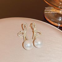 1 Piece IG Style Pearl Bow Knot Inlay Alloy Zircon 18K Gold Plated Drop Earrings main image 4