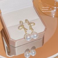 1 Piece IG Style Pearl Bow Knot Inlay Alloy Zircon 18K Gold Plated Drop Earrings main image 3